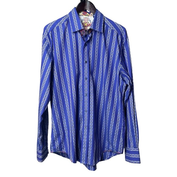 Robert Graham Size Large Striped Button Down Indigo Purple Embroidered India - Picture 1 of 13